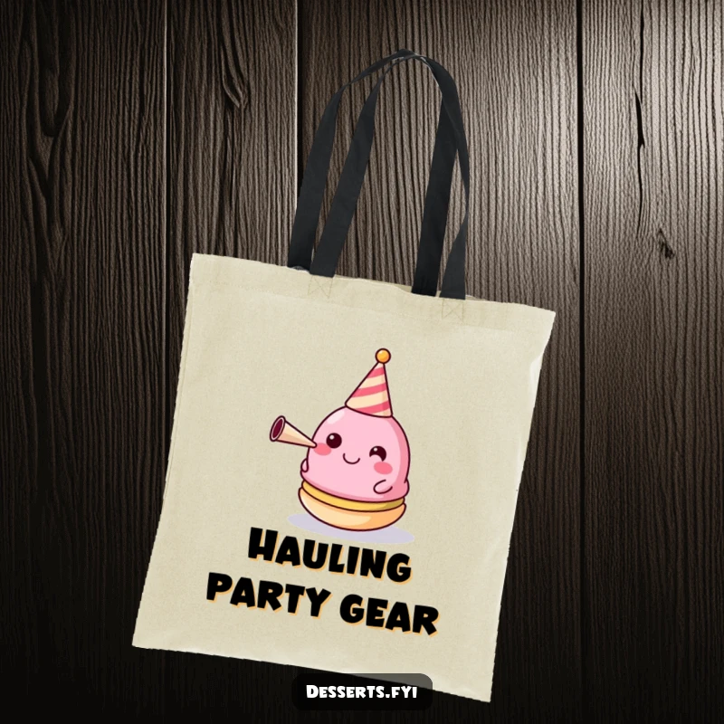 Funny Tote Bag: A happy macaron wearing a tiny party hat and blowing a horn, perfect for celebrations.