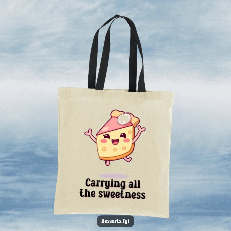 Funny tote bag featuring a cheerful pie slice mid-leap, radiating happiness and energy. Perfect for grocery runs or everyday use, adding a humorous touch.