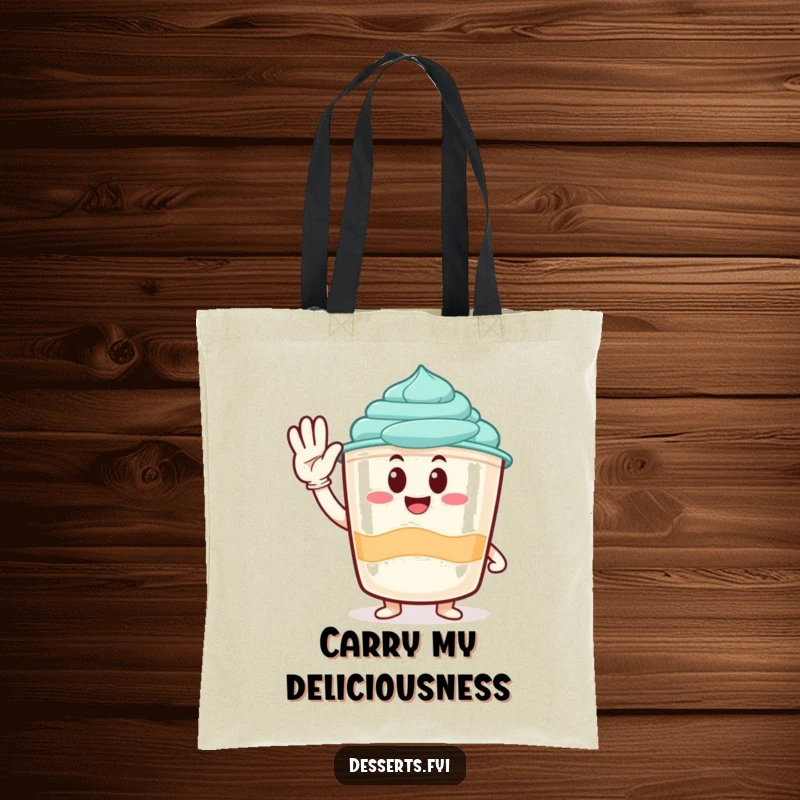 Funny tote bag featuring a delightful pudding cup character offering a cheerful salute, perfect for carrying daily essentials.