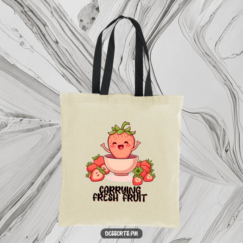 Funny strawberry tote bag with a jovial strawberry jumping into a bowl, perfect for carrying essentials with a fresh and fruity theme.