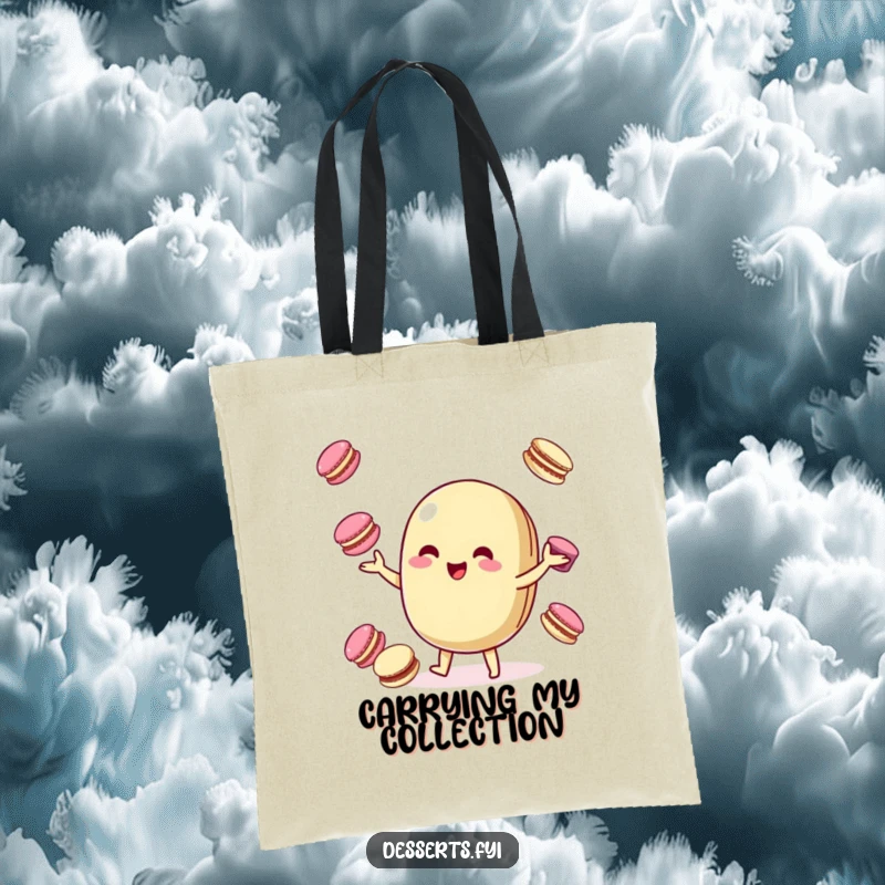 Funny Tote Bag: A playful macaroon character juggles colorful macarons, perfect for carrying items with sweet, humorous flair.