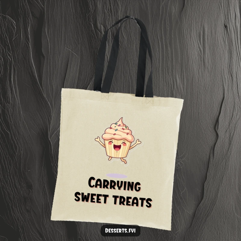Funny Tote Bag: A joyful cupcake with sprinkles leaping energetically into the air.