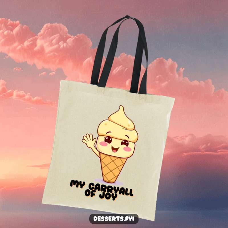 Funny tote bag with a smiling ice cream cone character waving energetically, perfect for shopping and carrying items with a cheerful vibe.