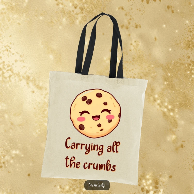 Funny tote bag featuring a delighted chocolate chip cookie winking playfully, ideal for carrying groceries with a humorous, sweet touch.