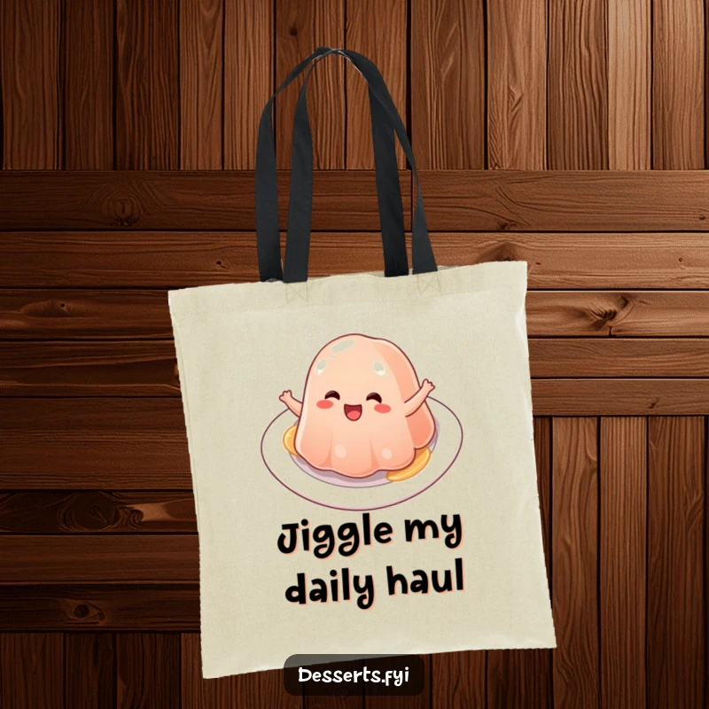 Funny jelly tote bag, a character joyfully bouncing on a plate, perfect for carrying items with a fun, jiggly vibe.