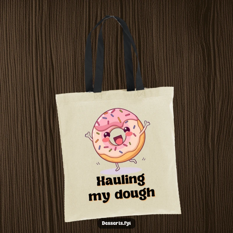 Funny donut tote bag, a cheerful dessert with sprinkles doing a joyful cartwheel with glee, perfect for carrying treats and essentials with humor.