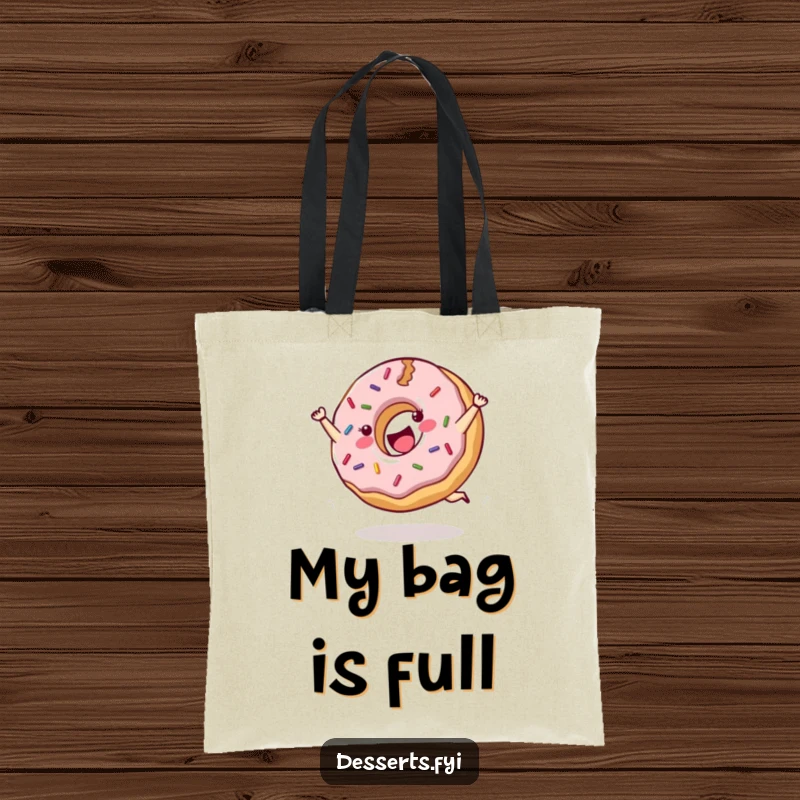 Funny tote bag featuring a cheerful donut with sprinkles doing a joyful cartwheel, perfect for humorous errands.