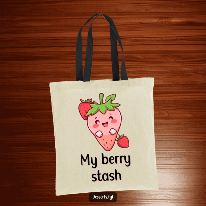 Funny tote bag with a happy strawberry character peeking from behind a berry, perfect for carrying daily essentials with charm.