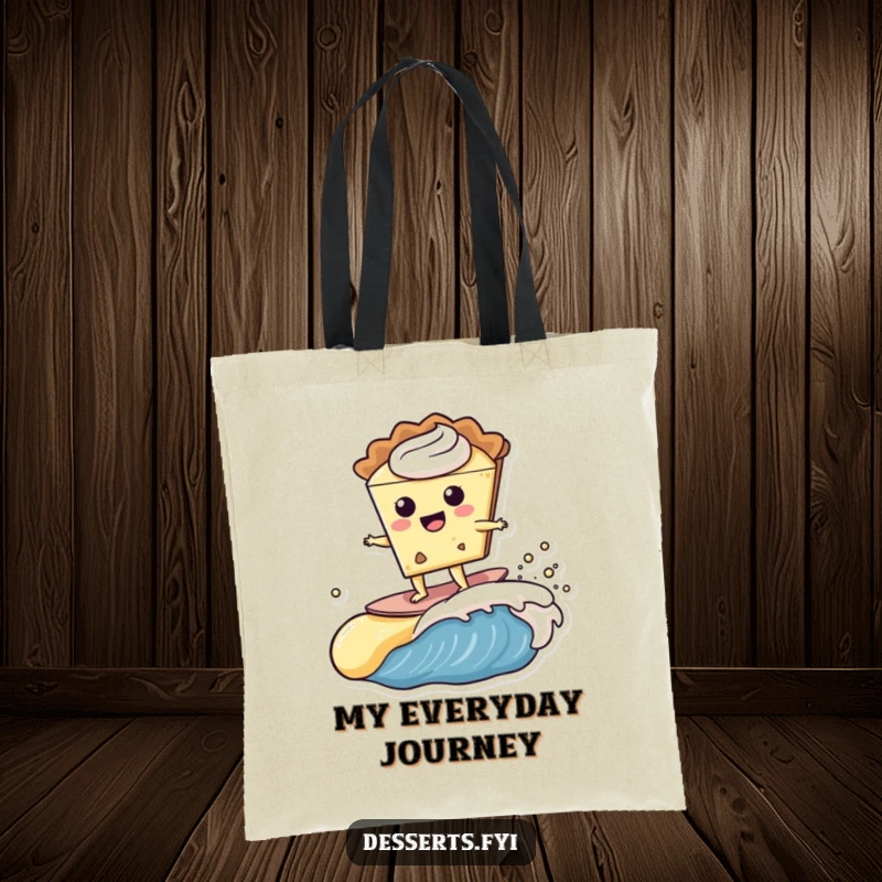 Funny happy slice of pie character surfing a creamy custard wave on a durable tote bag, a fun and functional accessory.