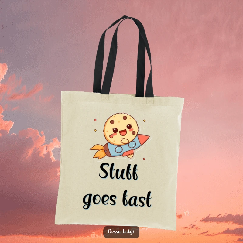 Funny Tote Bag: A cheerful cookie character zooms on a tiny rocket, perfect for carrying adventures and necessities.