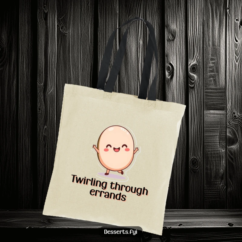 Funny Macaron Twirl Tote Bag showcasing a delighted macaron character gracefully twirling, ideal for stylishly carrying items with pastry humor.